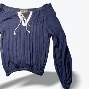 Donale Pour Scoop Lace Up Peasant Blouse Blue Boho Gauze Top Made In Morocco Med